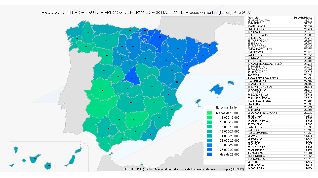 PIB per capita Mercado Corrientes Provincias España INE 02007
